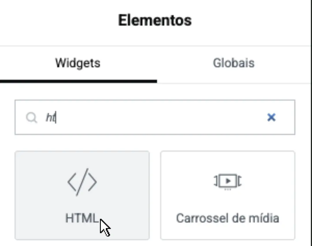 Buscar widget HTML no Elementor